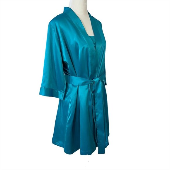 Cabernet Short Satin Wrap Robe & Chemise Nightgown Small and Medium Peacock Blue - Picture 8 of 12